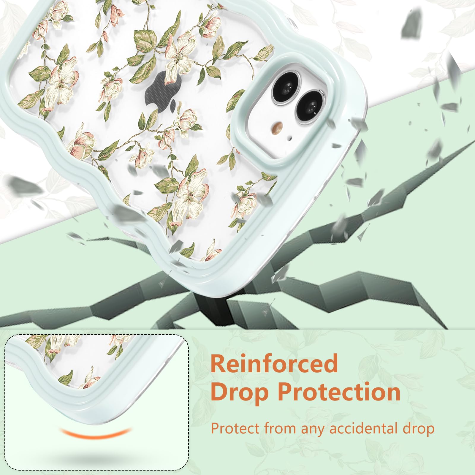 ZTOFERA Wavy Case for iPhone 12/12 Pro (6.1"), Cute Clear Protective Case with Floral Leaves Pattern - Image 4