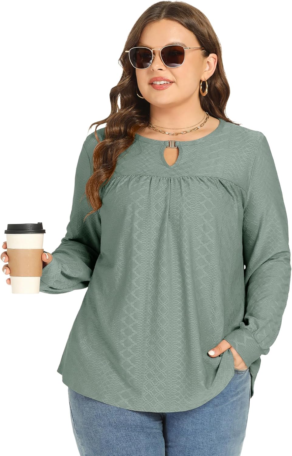 TFSDOD Women Plus Size Tops Long Sleeve Shirts V Neck Pleated Keyhole Blouse Loose Work Tunic Tee 1X-5X - Image 4