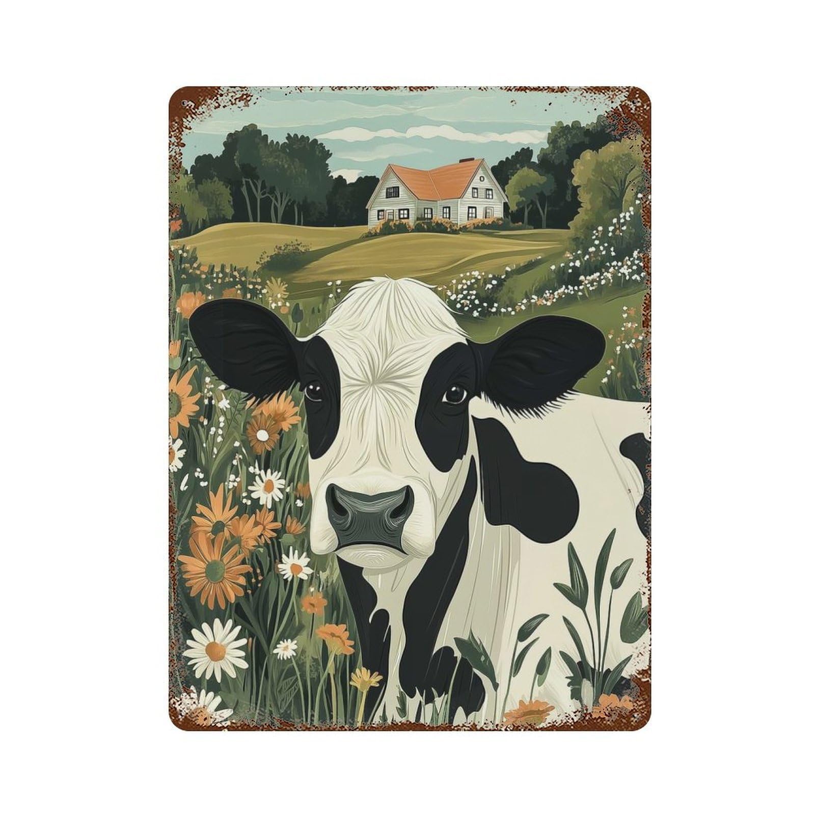 Vintage Metal Tin Sign Cow in A Field of Flowers 15.7"x11.8", Classic Wall Plaque for Farmhouse, Kitchen And Entryway Decor