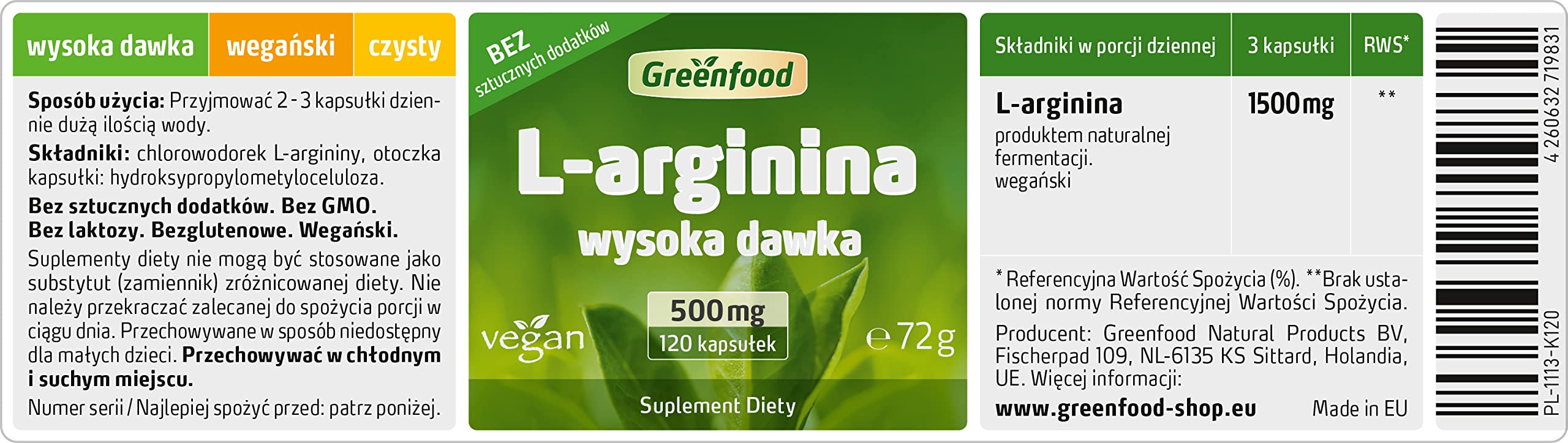 Greenfood L-arginina czysta, 500 mg, wysokodawkowa, wegańska, 120 kapsułek - Bez dodatków. Bez technologii genetycznej.
