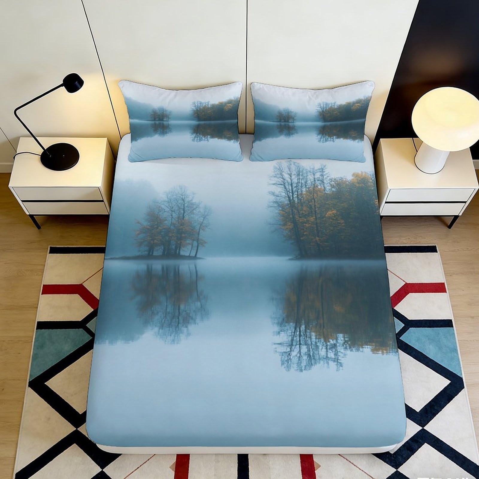 3D Printed Misty Lake Fitted Sheet Microfiber Soft Breathable Forest Reflection Mattress Cover for Bedroom Decor 90x200x25cm
