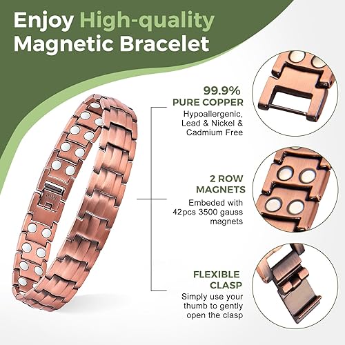 Vista 2 de MagEnergy Pulseras magnéticas de cobre para hombre, 99.9% de cobre puro con imanes de fuerza de doble fila, joyería ajustable con herramienta