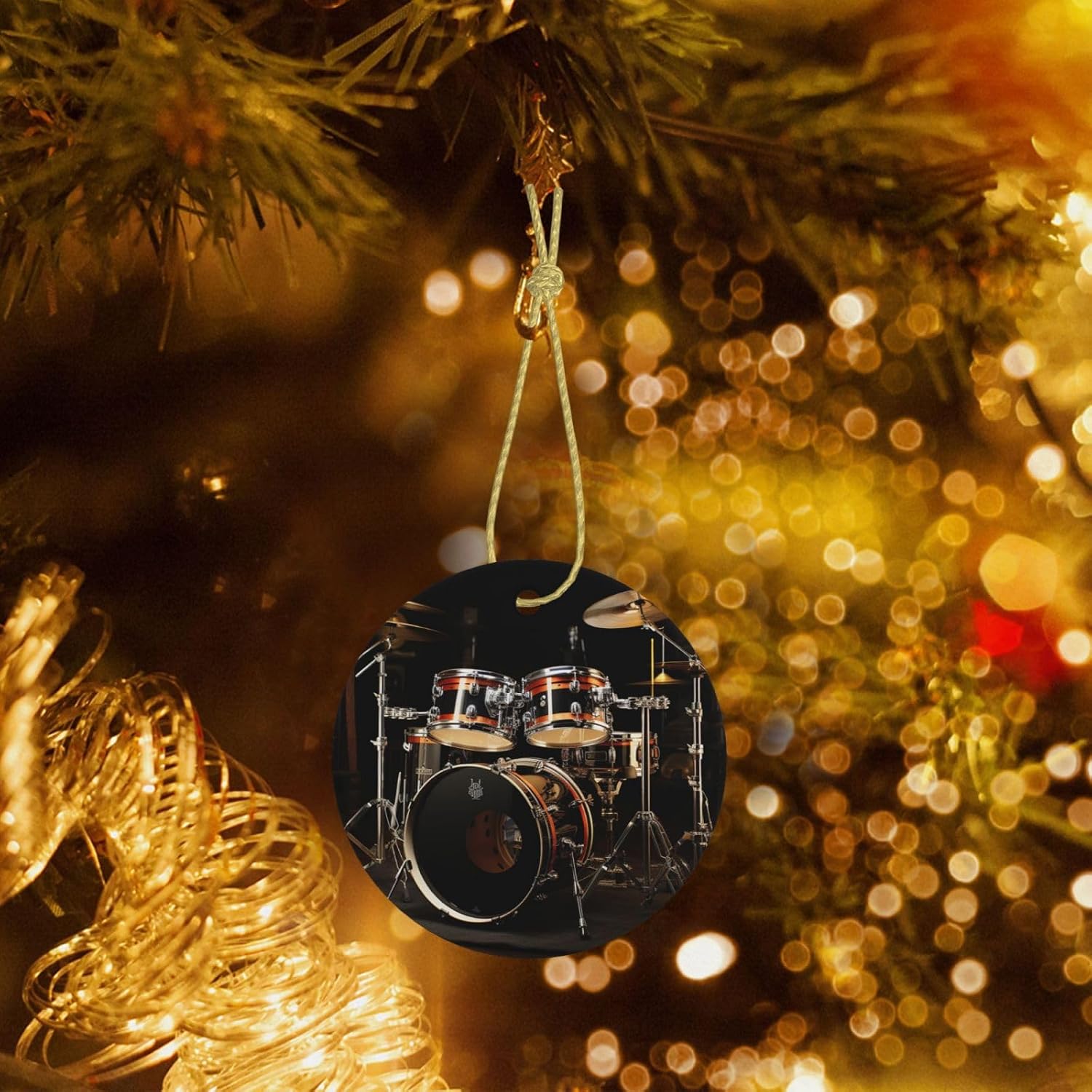 Christmas Ornaments Ceramic Round Christmas Hanging Ornament Double-Sided Drum Set Print Christmas Tree Pendants for Fireplace Party Holiday Wedding Xmas Decoration Gift