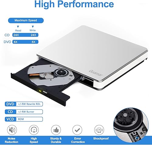 Miniatura 4 de Guamar Unidad de CD externa para Mac: Grabador de DVD delgado portátil para PC portátil Windows con ranura SD/TF 2 puertos USB - Plug & Play USB-C