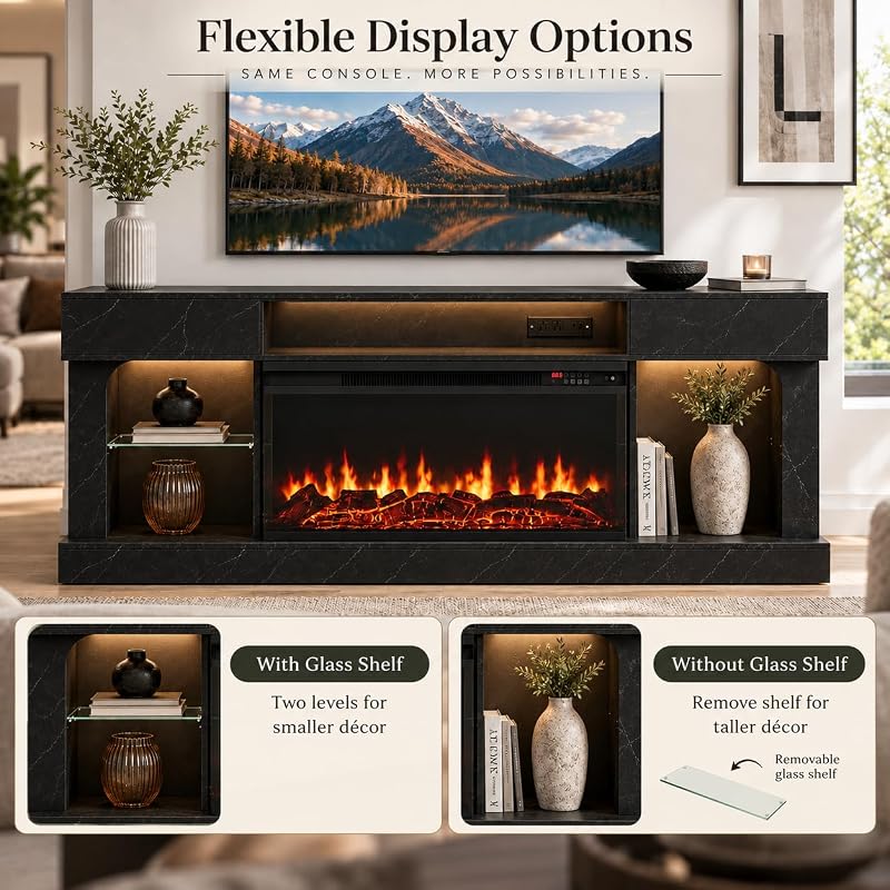 70 Inch Electric Fireplace TV Stand, Modern Entertainment Center with Fireplace, Storage Cabinets, Open Media Shelf and Glass Shelves, TV Console for Living Room, Marble Black image 2