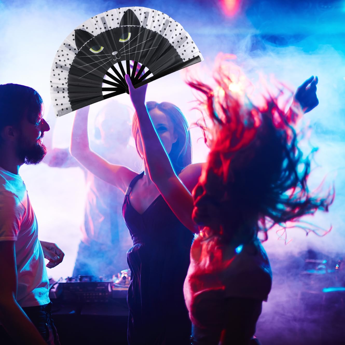 Large Folding Hand Fan for Line Dance, Men/Women Rave Hand Fan, Clack Popping Fans for Boots On The Ground Dance, EDM, Wedding, Party (Cat) image 2