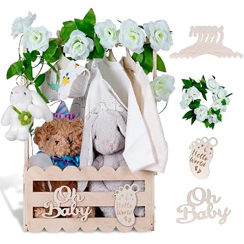 efluky Wooden Baby Shower Crate Closet with Handle,Storage Basket,Baby Clothes Hangers, Newborn Boy Girl Welcome Gift Basket | baby shower gift Safe Smooth Wooden Build Customizable DIY Decor Space