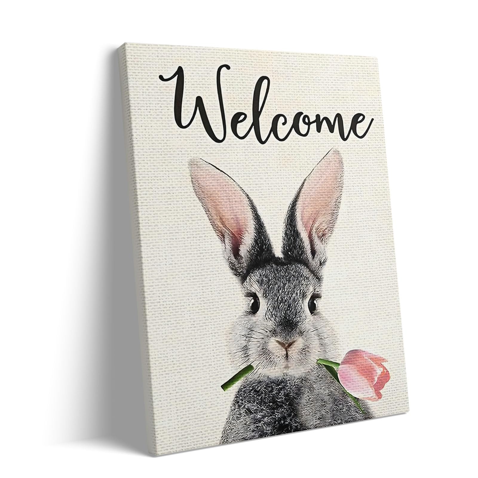Easter Bunny Canvas Wall Art Rustic Tulip Rabbit Poster Prints Art Vintage Farmhouse Aesthetic Wall Decor for Bedroom Living Room Office Kitchen Holidays Lucky Pictures, Wooden Framed 11x14in