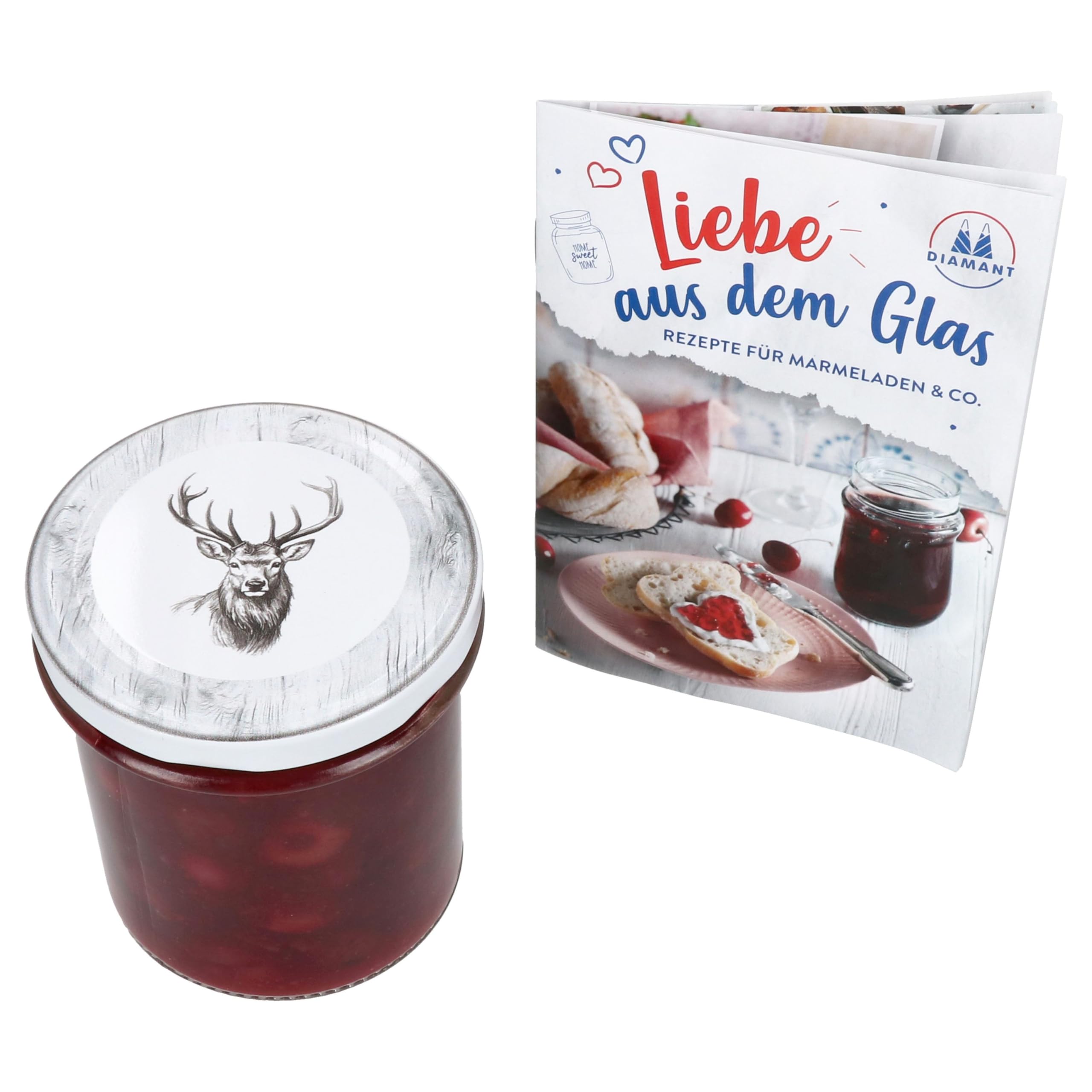 MamboCat Set di 25 vasetti in vetro da 350 ml con coperchio twist-off, cervo, barattoli per conserve + coperchio TO 82 coperchi + libretto gratuito, barattoli per conservare e conservare