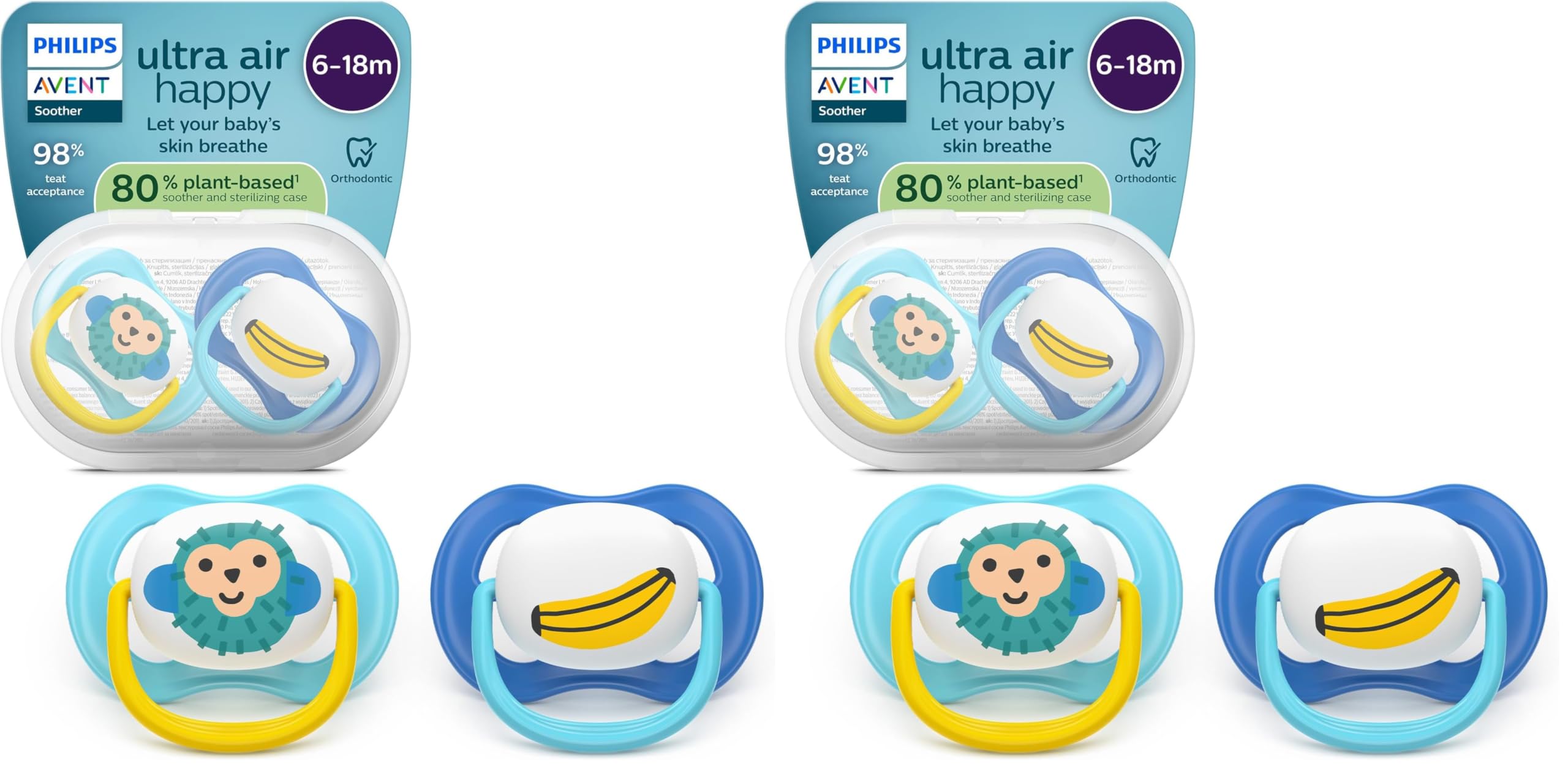 Philips Avent ultra air Schnuller – kiefergerecht geformtes Design, für Babys, 6–18 Monate, weicher, symmetrischer Silikonsauger, BPA-frei, mit Sterilisationsbehälter, 2er-Pack, SCF080/26