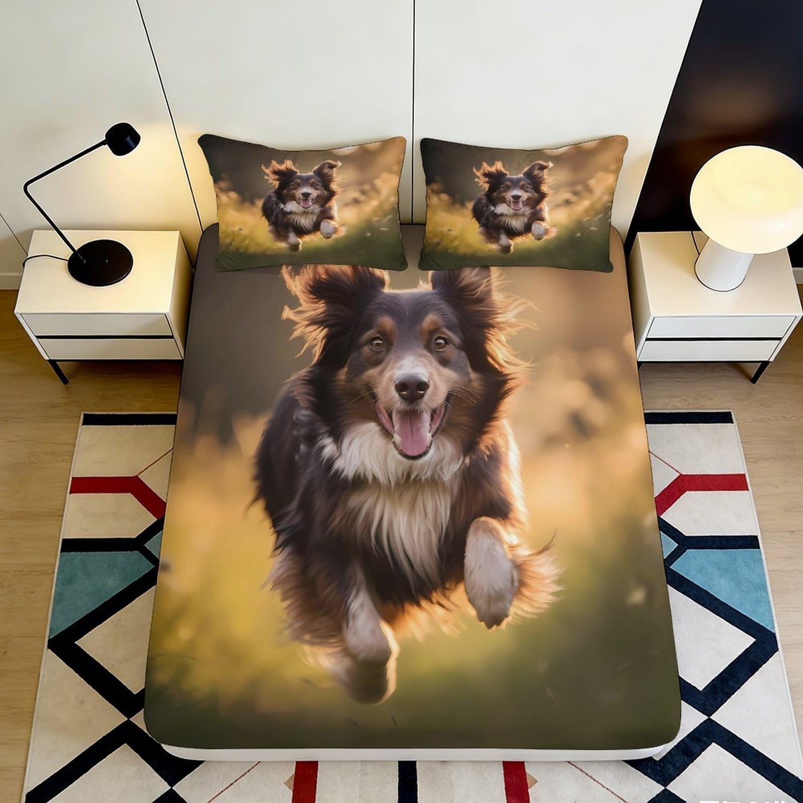 3D Printed Sheepdog Pattern Fitted Sheet Microfiber Deep Pocket Non-Slip Home Bedding Sheepdog Mattress Fitted Cover Washable 90x200x25cm