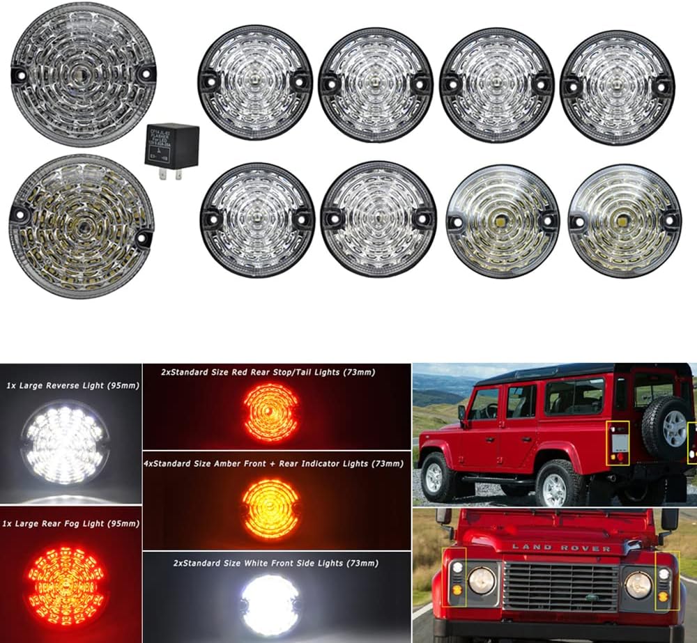 Front/Rear Side Marker Indicator Light Kit Clear Lens, 3-3/4 Inch White Red Light w/Relay, 1990-2016 Compatible with Land Rover Defender, 2-7/8 Inch 4 Amber + 2 Red Light + 2 White Light