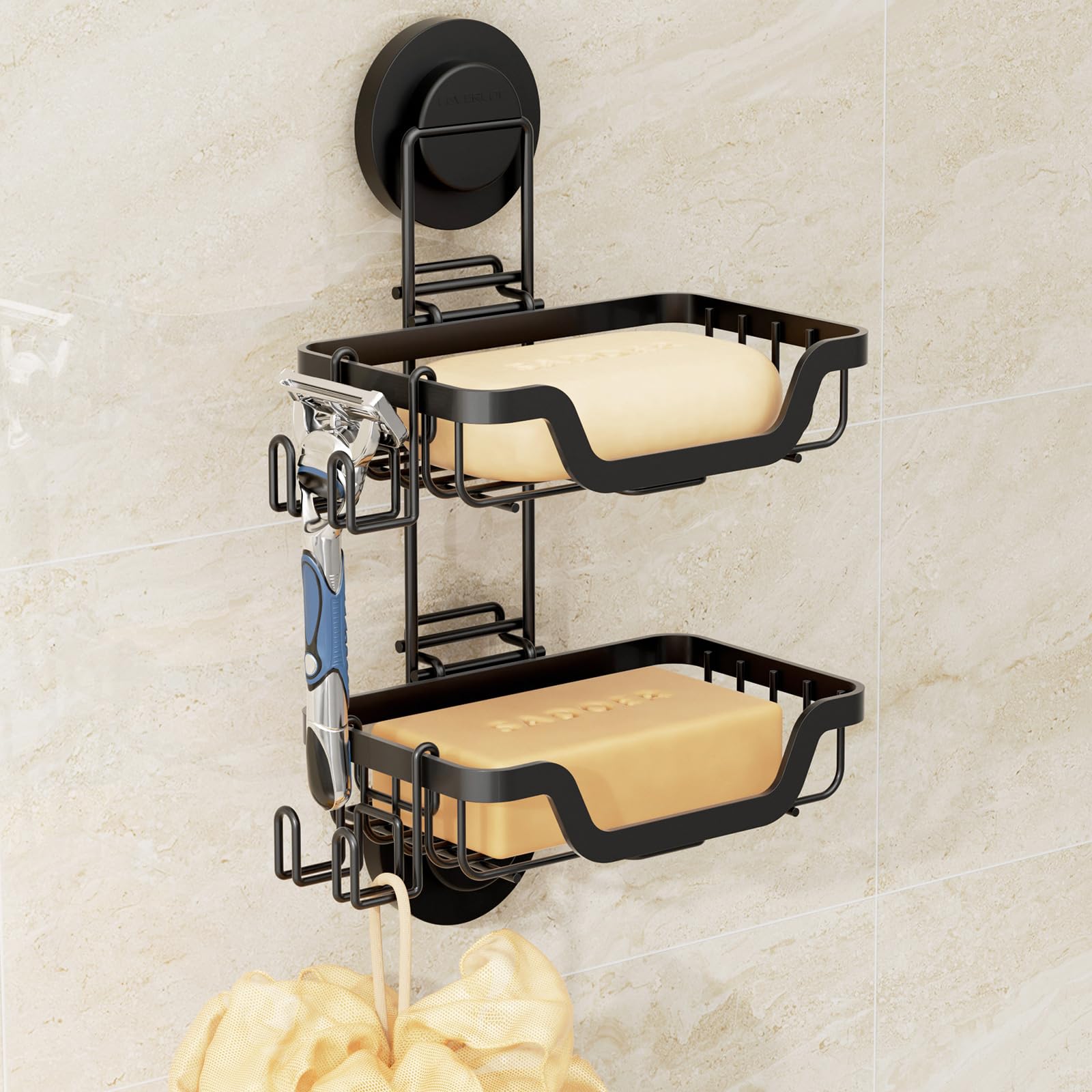 LEVERLOC Soporte de jabón de ducha con ventosa montado en la pared, jabonera de doble capa para ducha, baño, bañera y fregadero de cocina, soporte extraíble a prueba de óxido, color negro