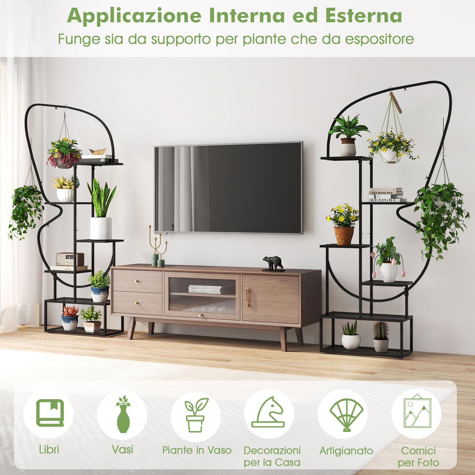 COSTWAY Scaffale Porta Piante a 6 Livelli, Scaffale per Vasi a Forma di Farfalla con 12 Ripiani in Rete Metallica e 4 Ganci, Mensola a Scala per Piante da Interno e Esterno (Nero)