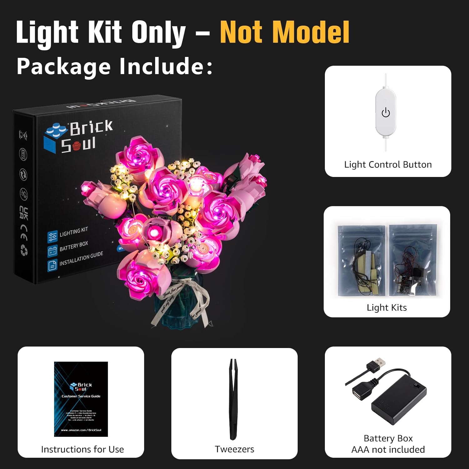 BrickSoul Light Up Kit Compatible with Lego Bouquet of Pink Roses 10374 Building Set, Upgrade Wired Dimmable Lighting Accessories, Not Included 10374 Model