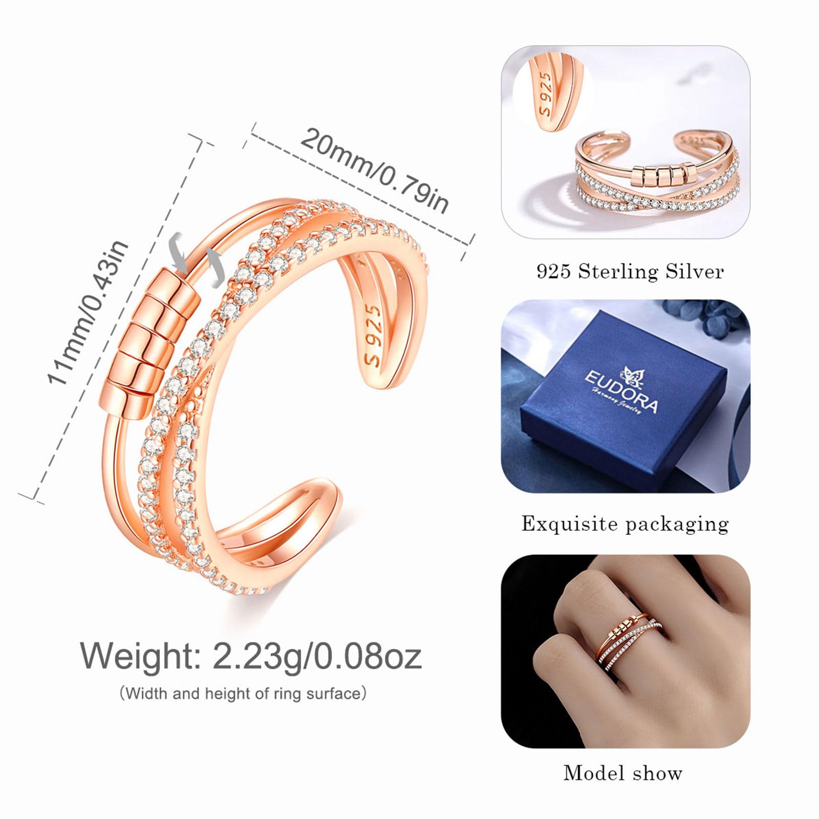 EUDORA Harmony Ball Anello Anti-Stress Anelli in Argento Sterling 925 con Perline Anelli Fidget Regolabili da Donna Anelli Anti Ansia Impilabili Anello per Ragazze Anelli Spinner da Donna