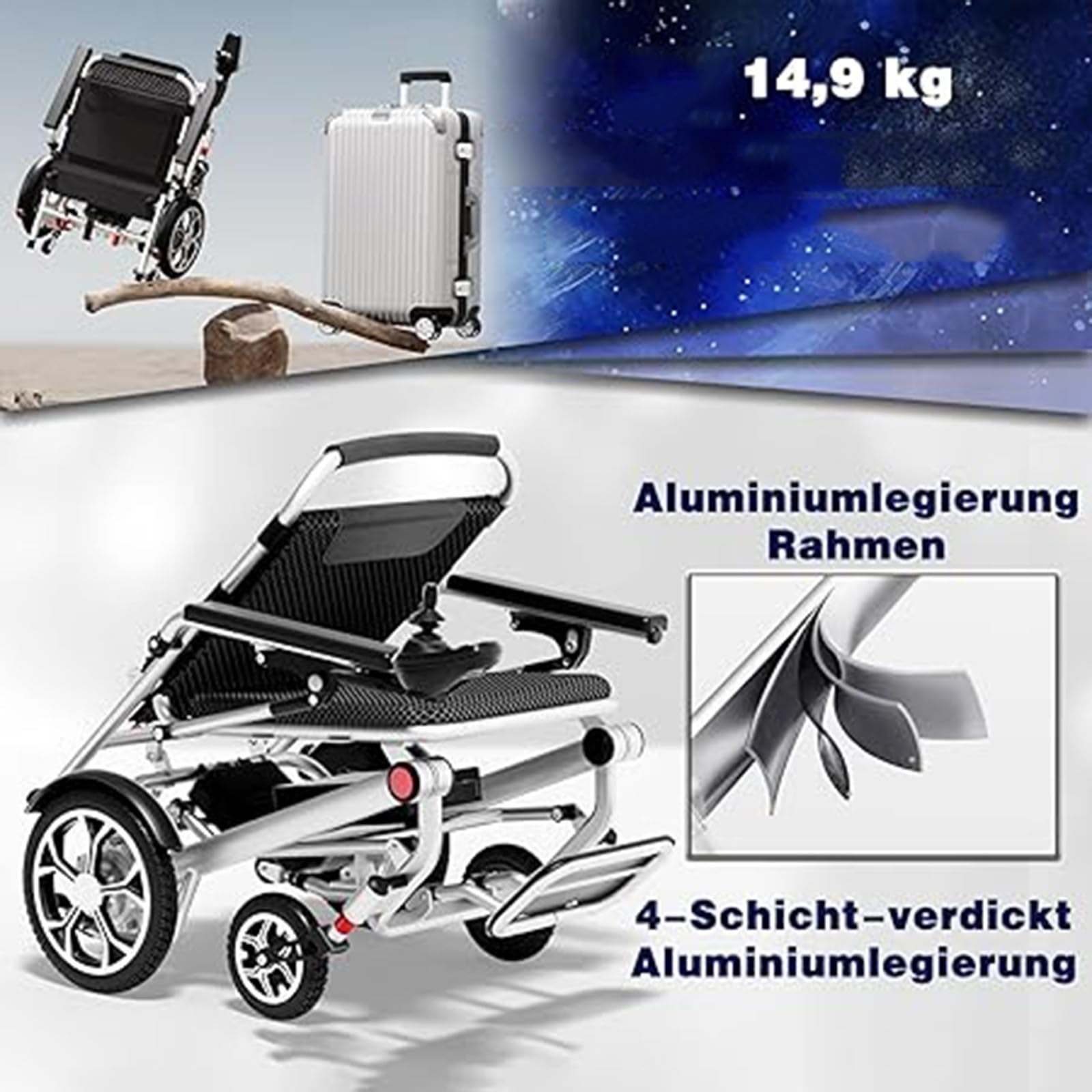 Sedia a rotelle elettrica pieghevole leggera con telecomando per uso domestico, portatile e facile da riporre