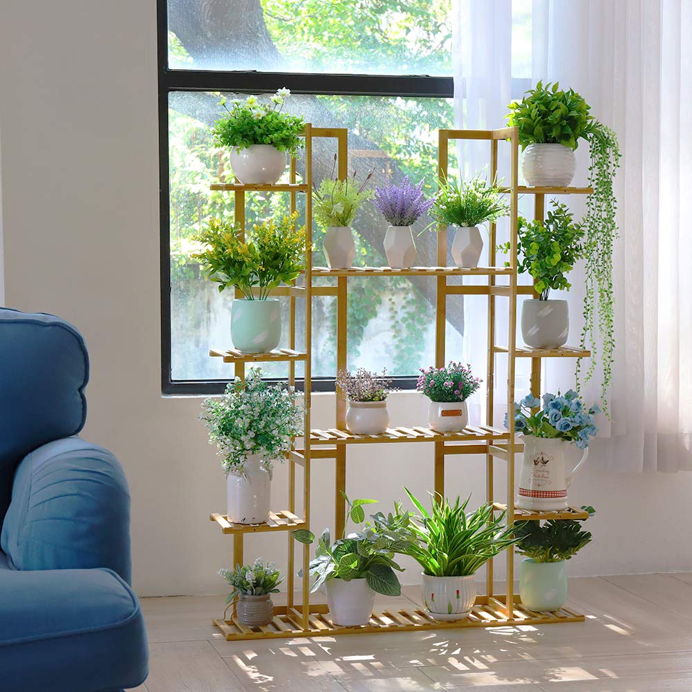Medla Pflanzenregal Bambus, Blumenregal mit 9 Ablagen mehrstöckig, EXTRA GROß Blumenständer Blumentreppe für Wohnzimmer Balkon Garten Indoor Outdoor, 123x89x19.5cm