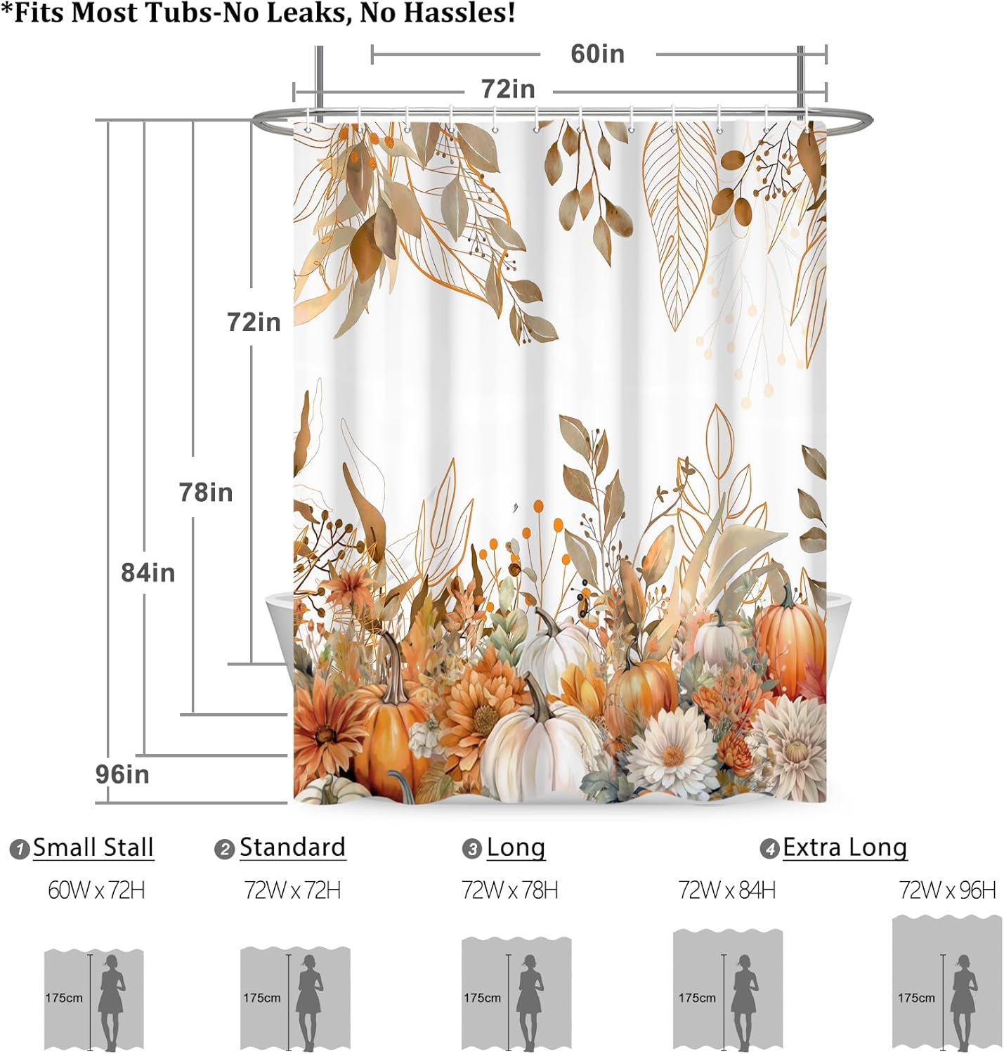 Renaiss 72 x 72 Inch Fall Harvest Thanksgiving Pumpkin Shower Curtain Autumn Tan Leaves Floral Pumpkin Farmhouse Bath Curtain Bathroom Accessories Botanical for Bathroom Curtain Set with Plastic Hooks