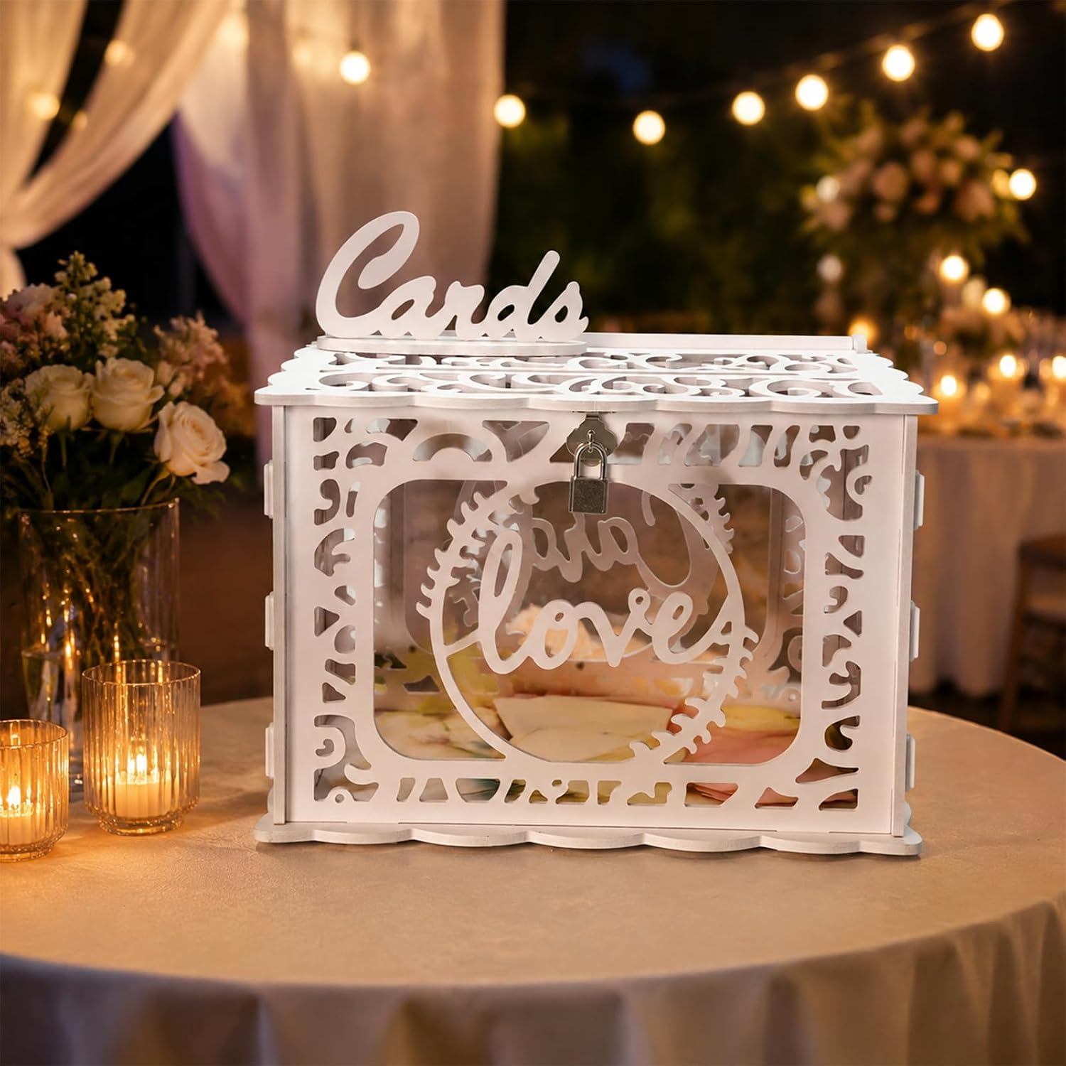 White Wedding Card Box with Lock and Sign, Hollow PVC Money Envelope Gift Cards Boxes with Slot for Wedding Reception, Party, Graduation, Birthday, Baby Shower Decorations
