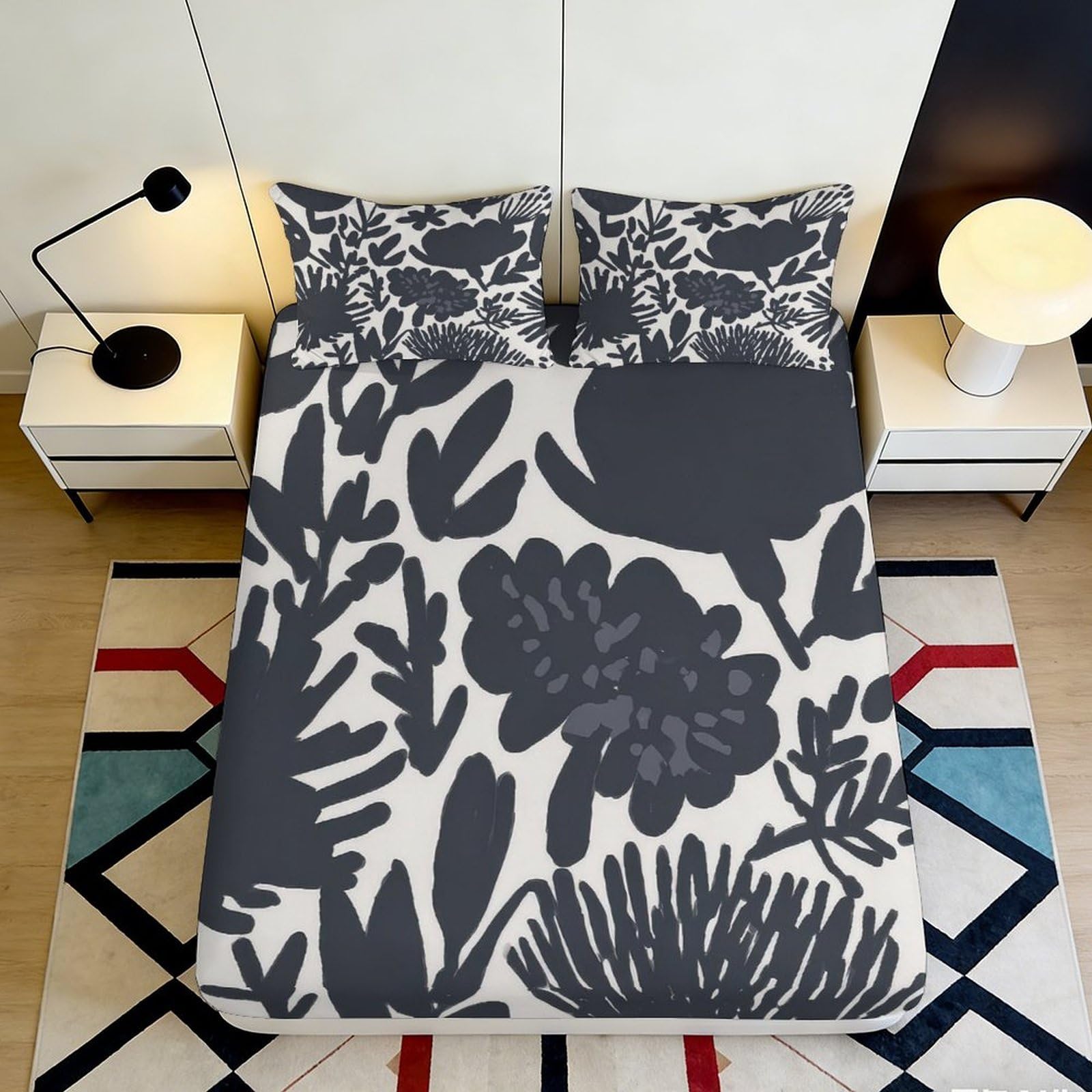 3D Printed Black Botanical Fitted Sheet Microfiber Soft Anti-Slip Mattress Cover for Bedroom Guest Room Decor Easy Care 120x200x25cm