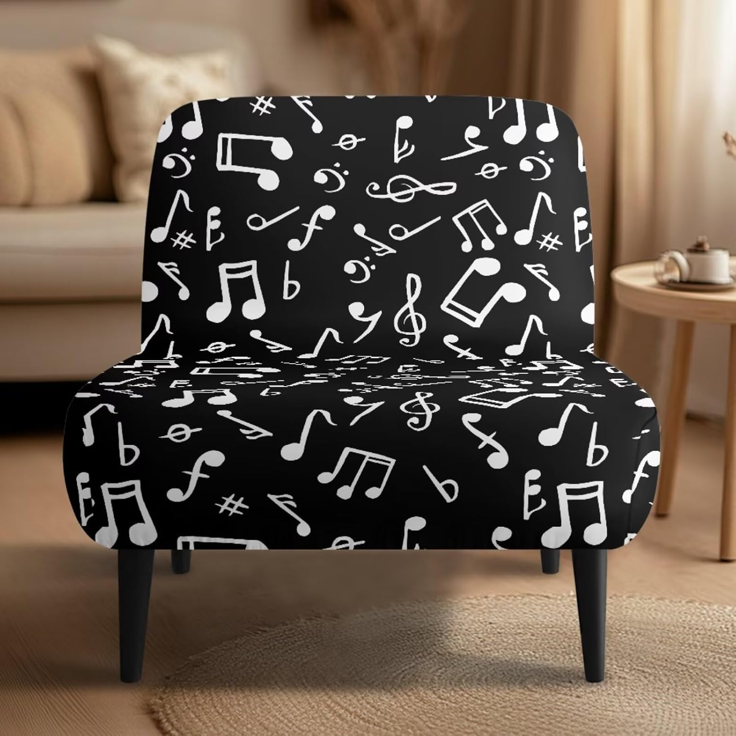 Black Music Note Print Armless Chair Slipcover, Elastic Armless Chair Furniture Protector for Chairs, Anti-Wrinkle Armless Recliner Sofa Cover