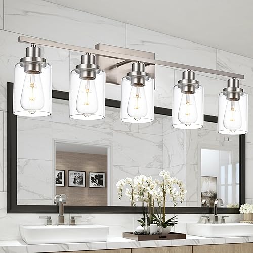 Miniatura 3 de Luces de tocador de 5 luces, accesorios de iluminación de baño de níquel cepillado con pantalla de vidrio transparente, lámpara de pared moderna