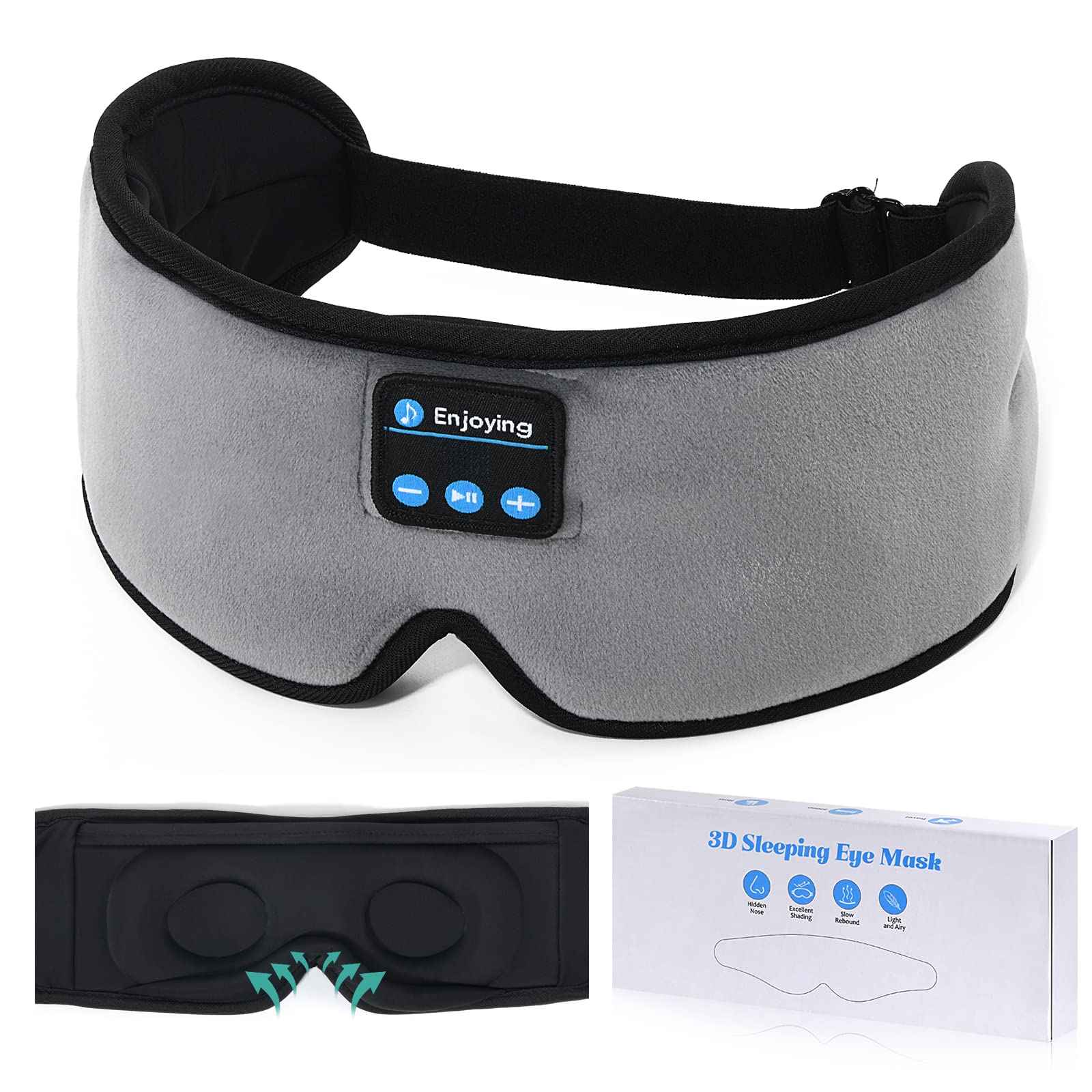 Sleep Headphones, Update Wireless 3D Eye Mask with Ultra-Thin HD Stereo Speakers for Side Sleepers, Air Travel, Meditation and Relaxation Grey