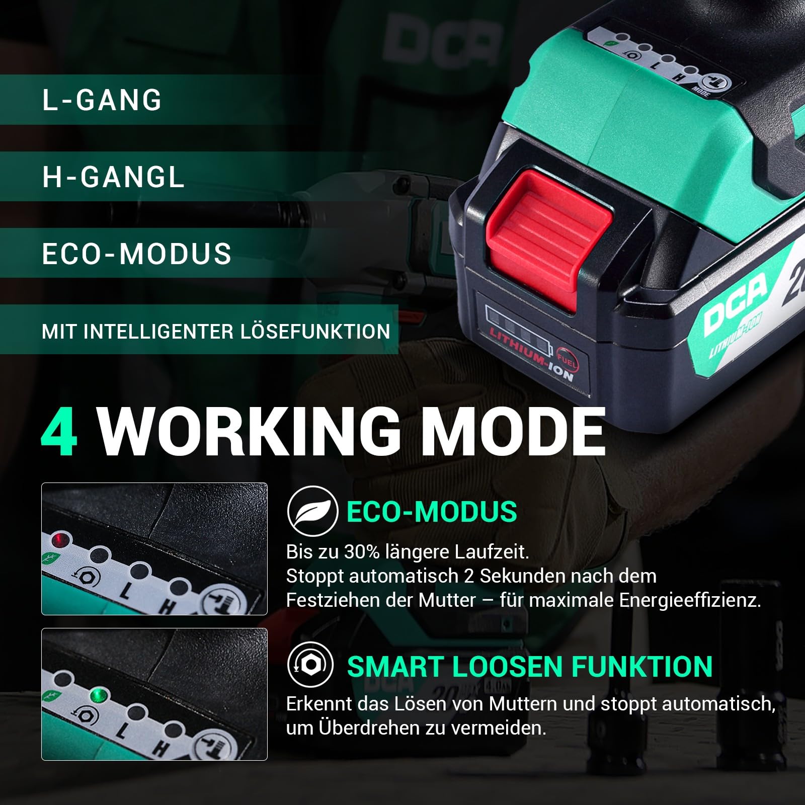 DCA Avvitatore a impulsi brushless 20V con batteria da 4,0Ah, attacco con anello da 1/2 pollice, avvitatore a impulsi senza fili, coppia elevata da 235 ft-lbs, 4 modalità per auto e fai-da-te ADPB320