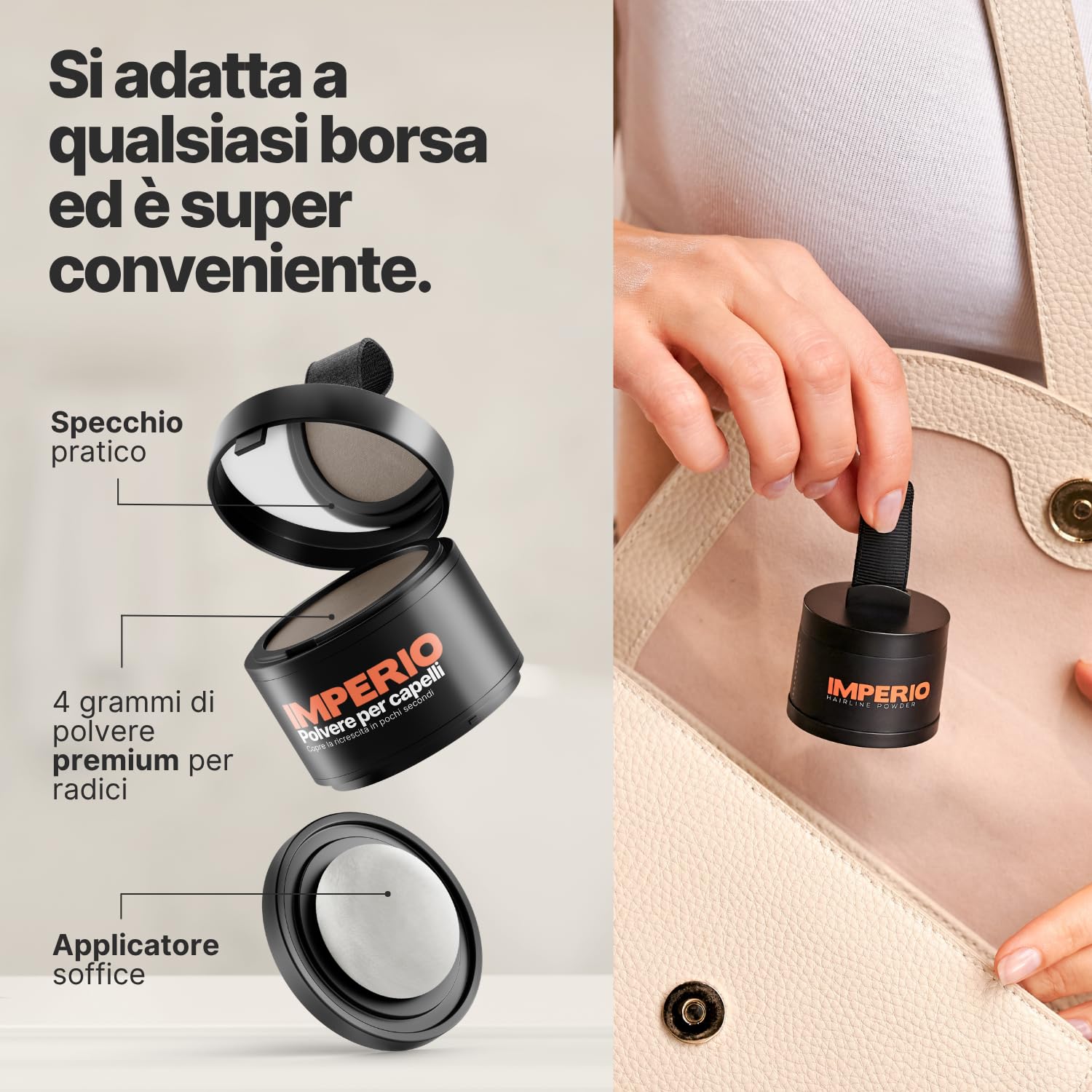 Polvere per capelli IMPERIO - Correttore per infoltimento capelli per donna e uomo, mascara per capelli waterproof per nascondere la ricrescita - 4g (castano scuro)