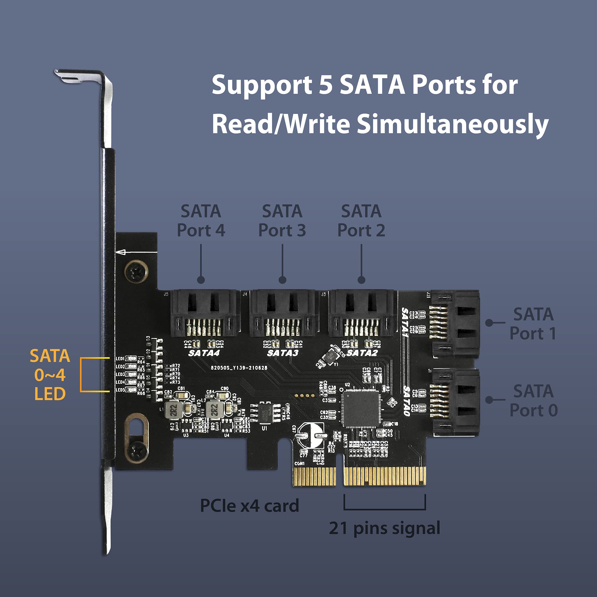 Vantec 5-Port SATA III 6Gbps PCIe x4 Host Card (UGT-ST655) for Desktop, Windows 10/11 and Linux