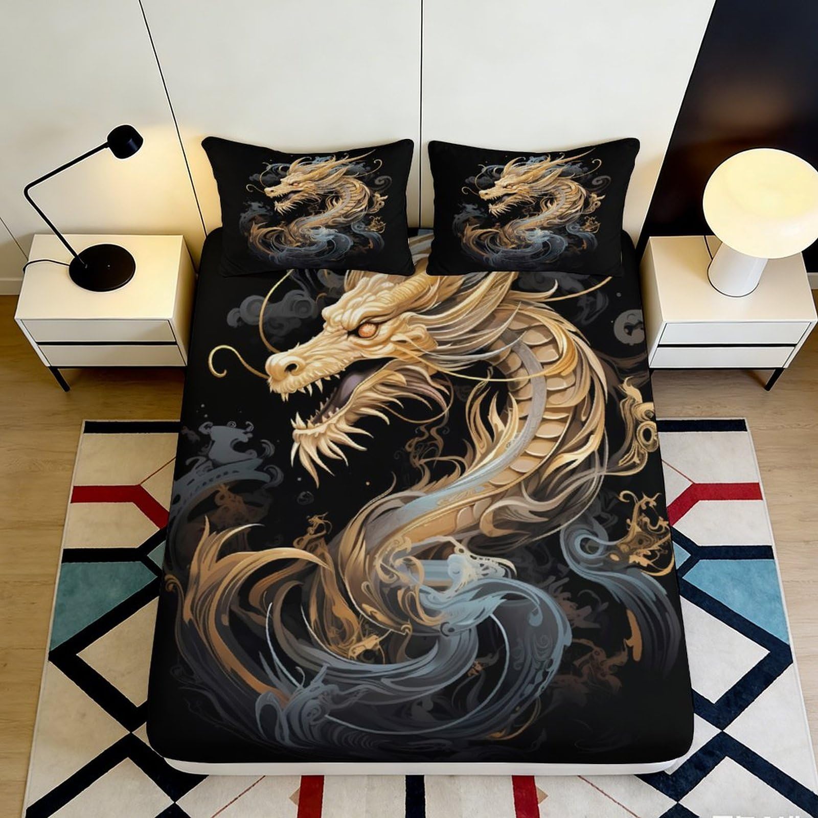 3D Printed Golden Dragon Fitted Sheet Microfiber Black Oriental Smoke Bed Sheet for Bedroom Guest Room Decor 90x200x25cm