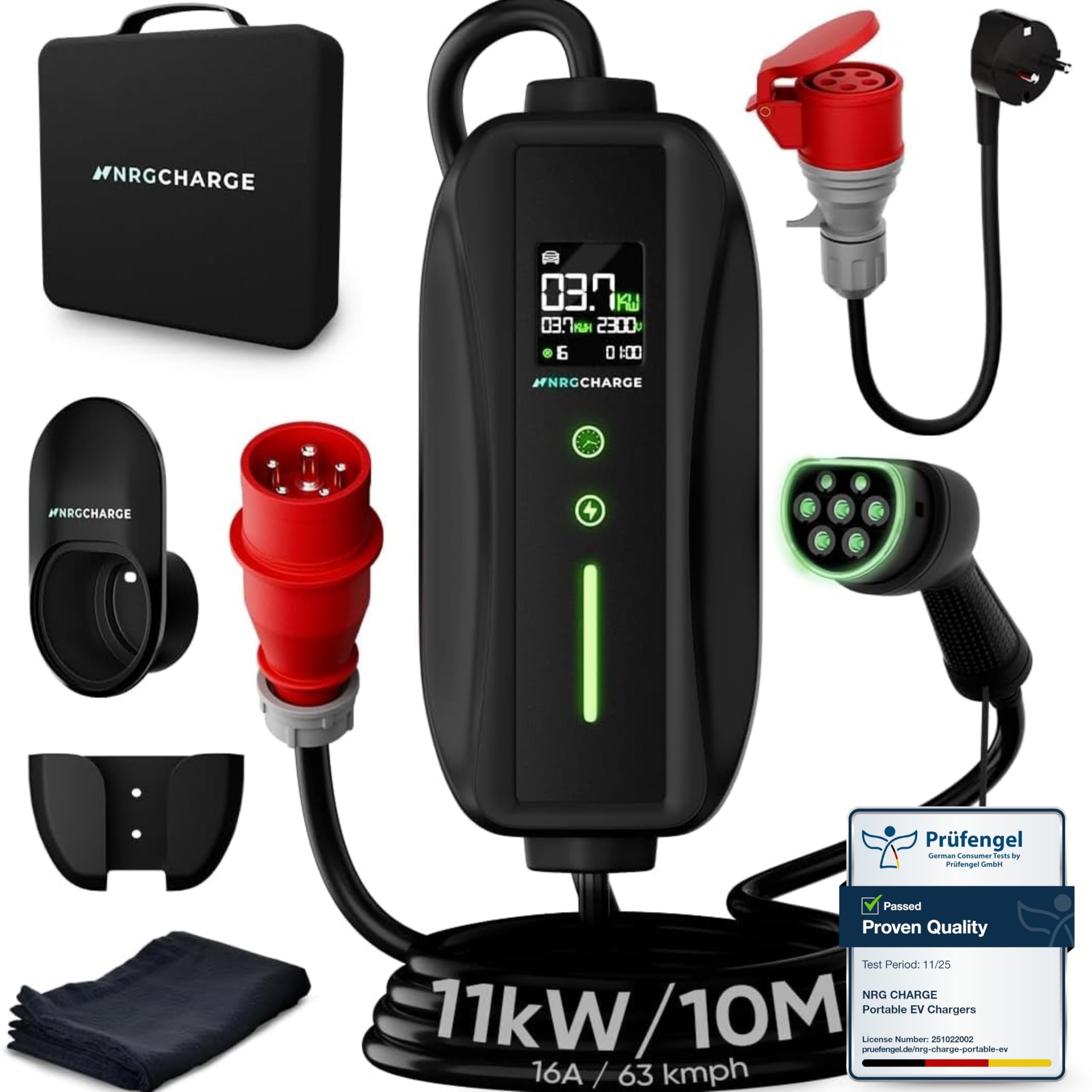 Cable de carga tipo 2 CEE macho 11 kW [3 fases, 10 m, 6-16 A] – Mobile Wallbox y cargador EV – Carga rápida para coche eléctrico (10 metros)