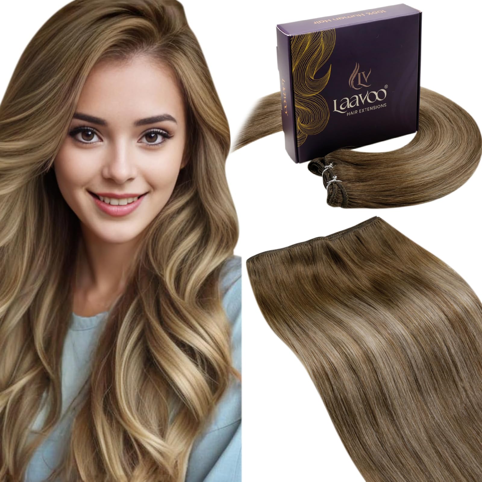 LaaVoo Weft Hair Extensions Real Human Hair 14 Inch 80g Brown Sew in Hair Extensions Full Head Straight Balayage Blonde Remy Invisible Double Weft Weave #8/16/8