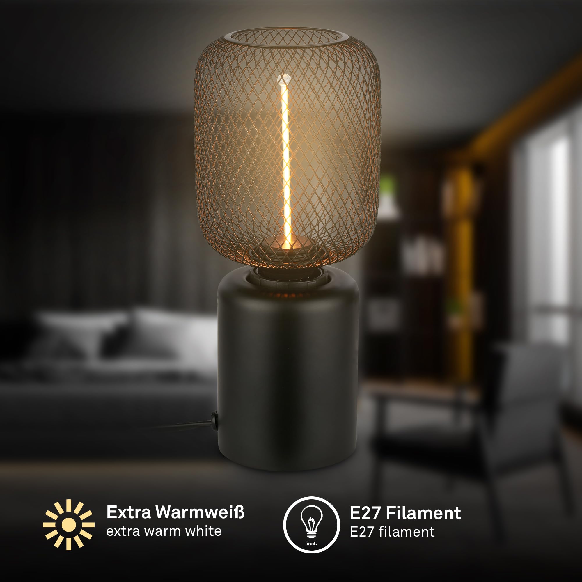 BRILONER - Lampa stołowa z drucianą siatką, przełącznik kablowy, gniazdo E27, lampka nocna, oświetlenie dekoracyjne do przedpokoju lub biura, lampka do czytania, 10x25 cm, czarny