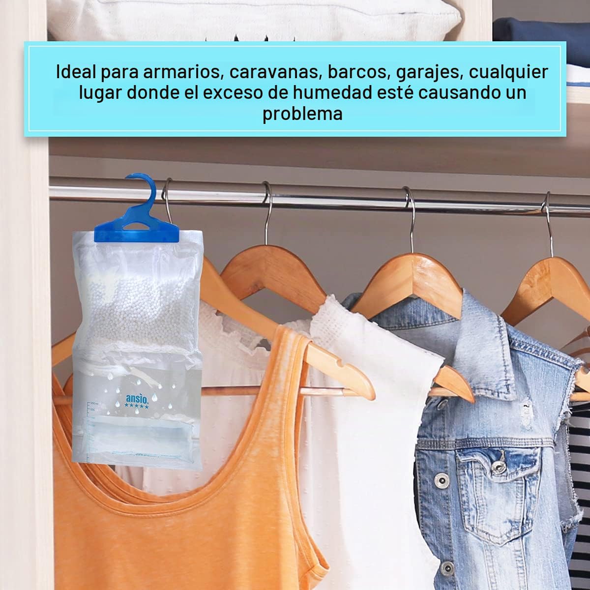 ANSIO Paquete de 12 bolsas colgantes para deshumidificadores de armario, para absorber la humedad, condensación, deshumidificadores para humedad, moho, dormitorio, caravana, baño, sótano, oficina, 210