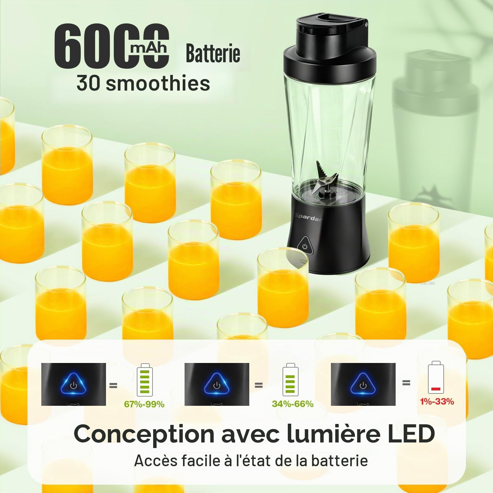 Smoothie Maker to go Blender Portable 700 ml 6000 mAh Fonction Autonettoyante Avec 6 Lames Tranchantes et Brosse de Nettoyage Convient pour la Préparation de jus et de Milkshake Noir