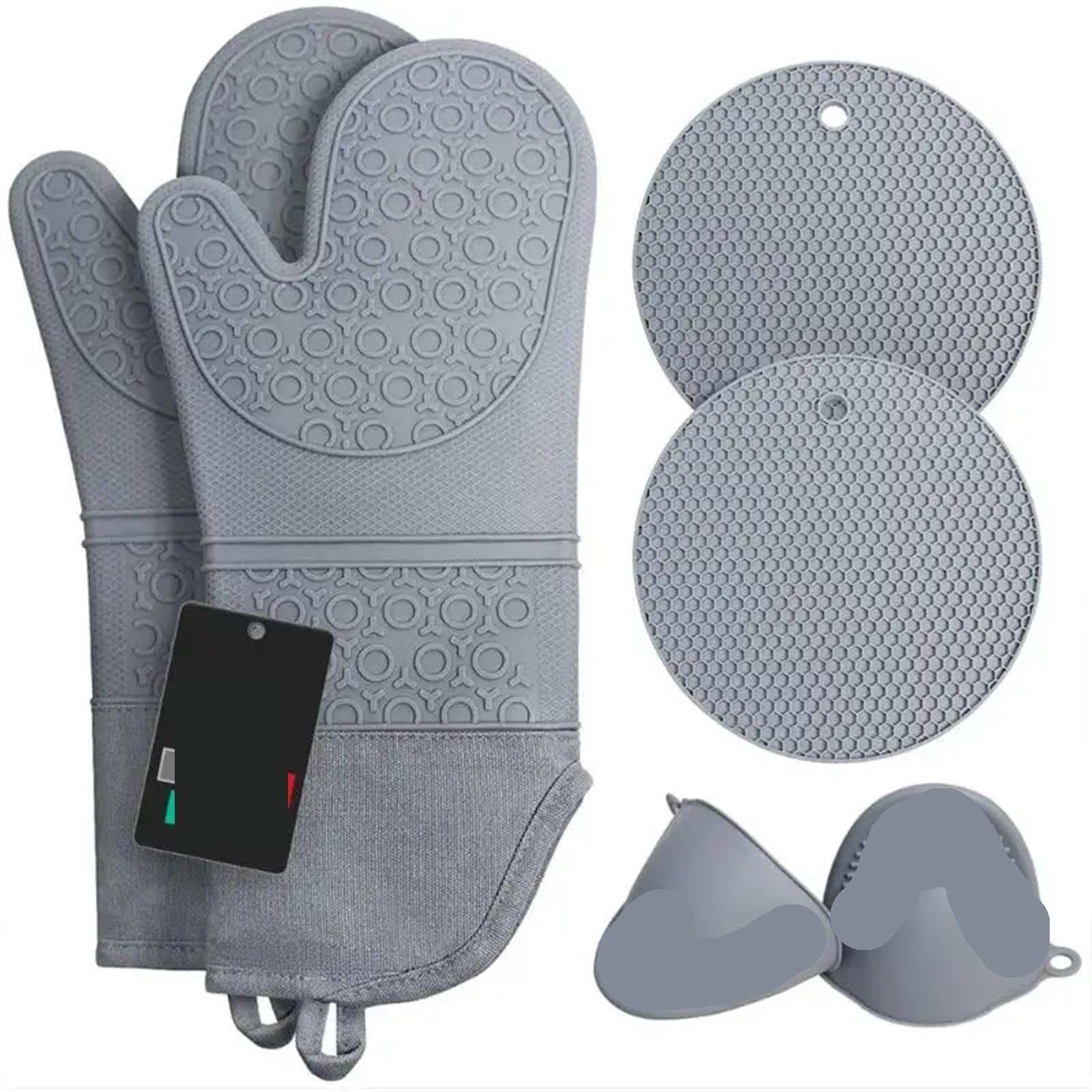 Extra Long Oven Mitts And Pot Holders Sets: Heat Resistant Silicone Mittens With Mini Gloves And Hot Pads Potholders