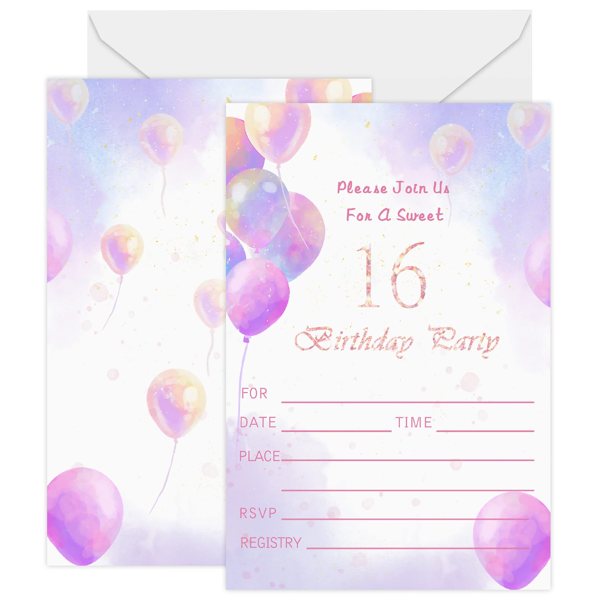 Birthday Party Invitations for Girls, Sixteen 16th Party Supplies, 20 Set with Envelopes