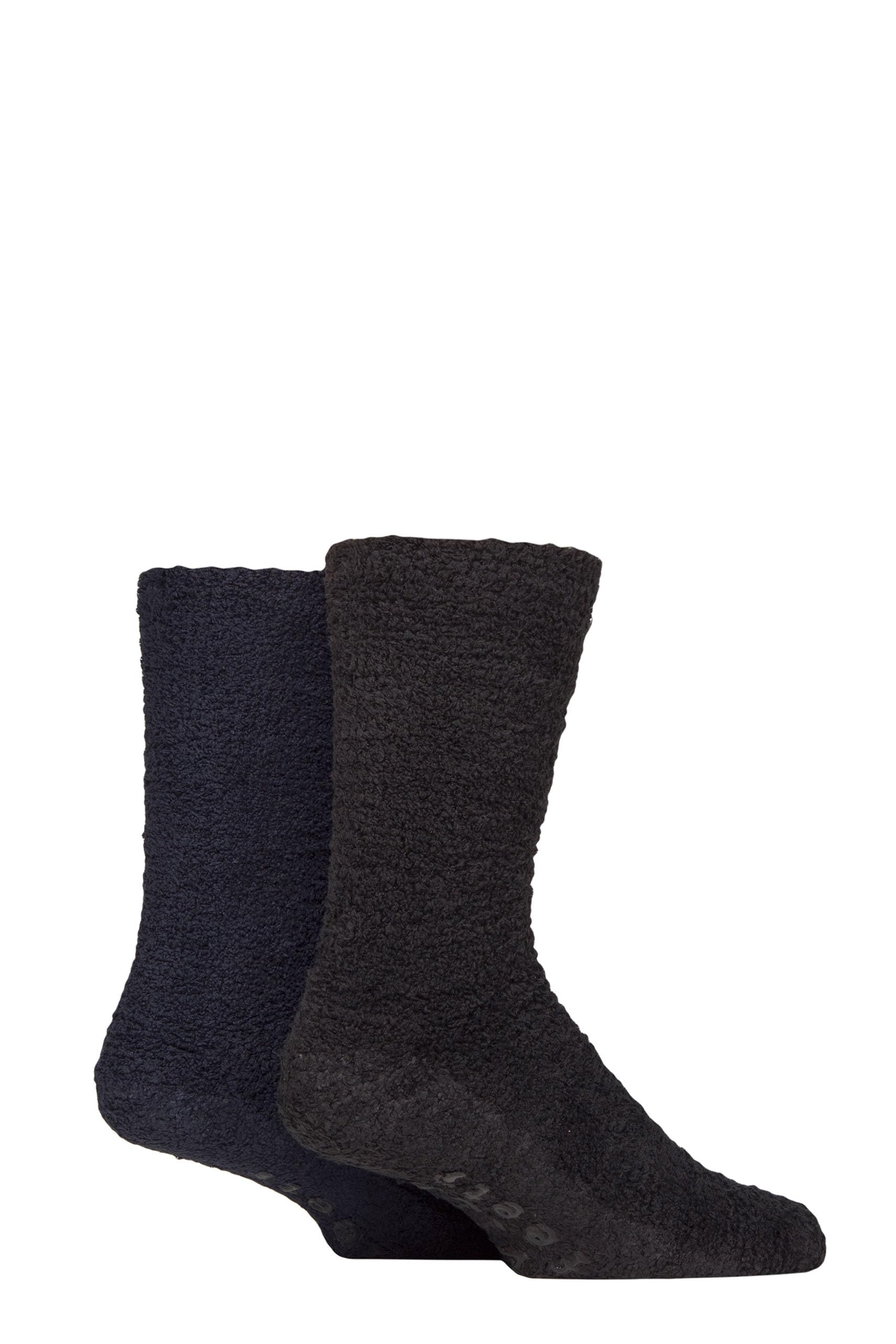 Sockshop Men's Black Navy Wildfeet Lounge Slipper Socks - Cosy, Fluffy, Warm, Calf Length, Crew, Plain, Anti-Slip Grips, Lounge, 2 Pair Multipack Size 7-11 Black/Navy
