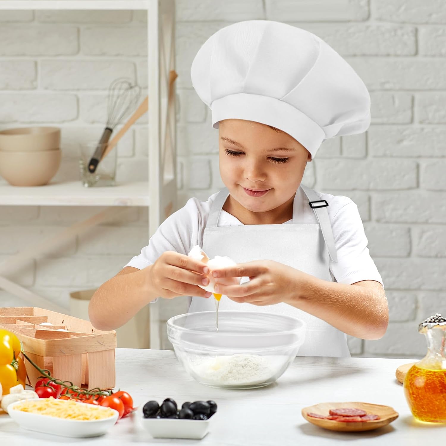 Kids Apron and Chef Hat Set Adjustable Child Art Aprons with 2 Pockets Toddler Chef Hat and Apron for Cooking Baking Painting (White) - Image 6