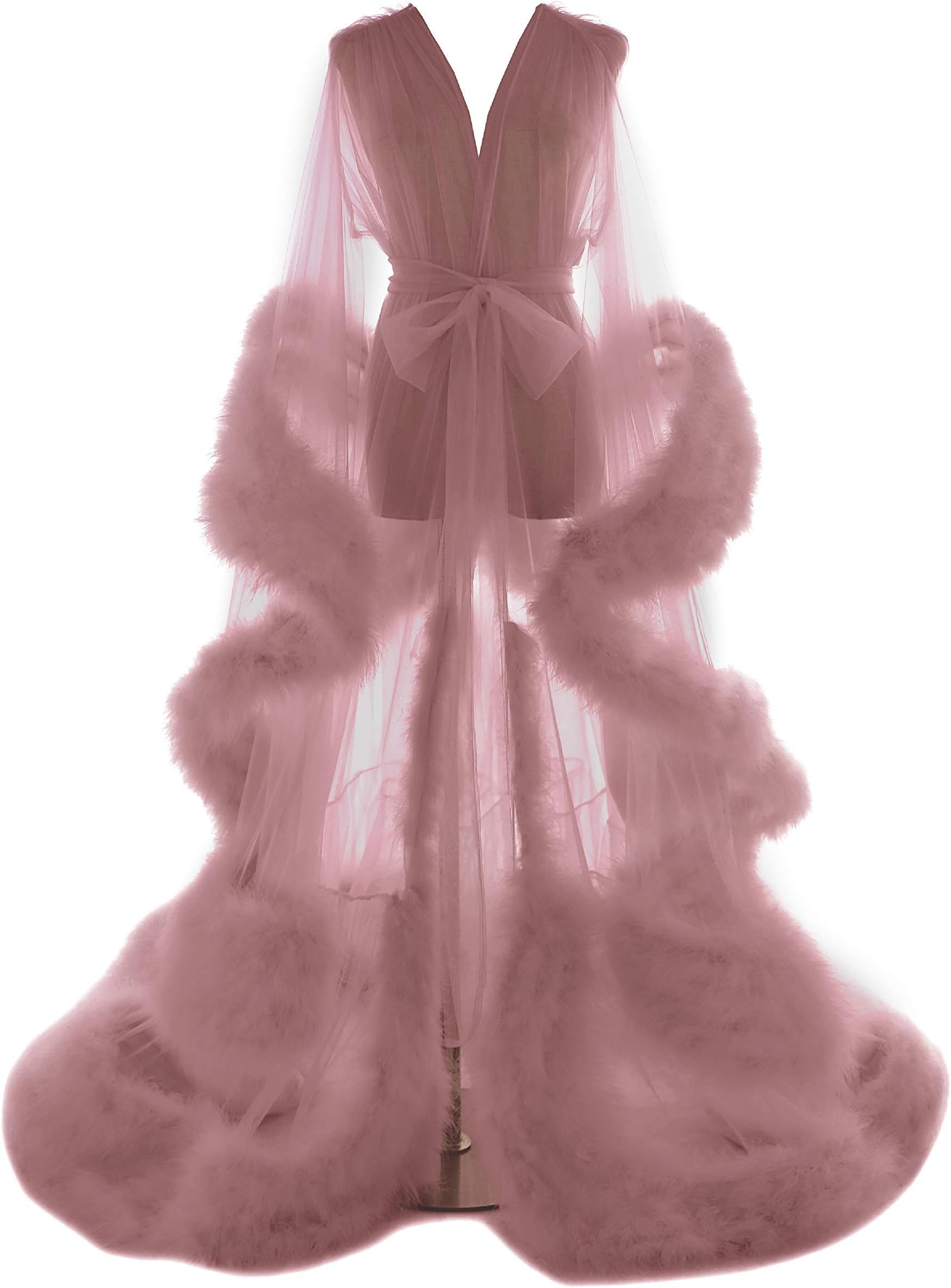 Old Hollywood Feather Robe for Women Long Lingerie Tulle Bathrobe Wedding Scarf Bridal Robe Maternity Photoshoot