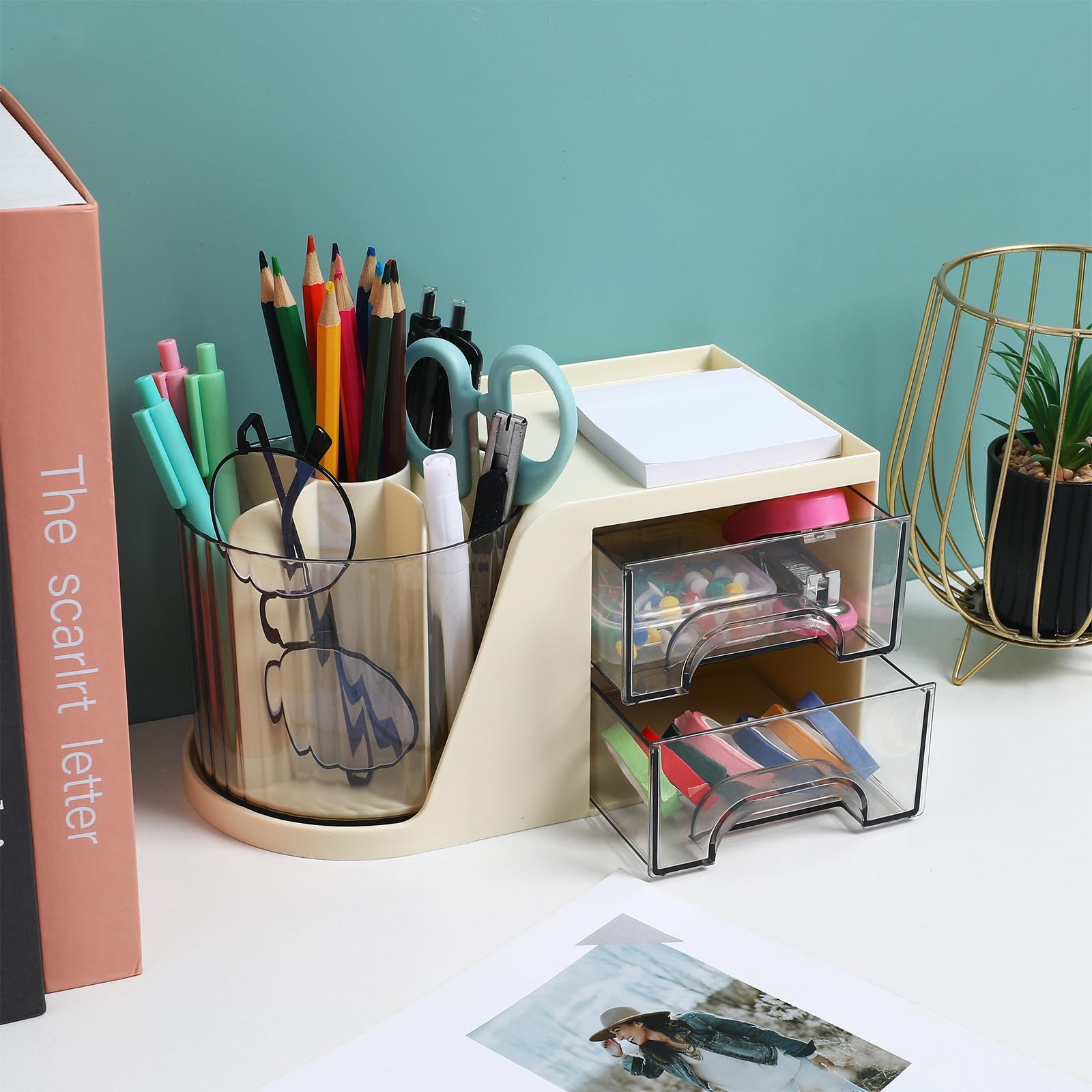Organizador de Escritorio Portalápices Blanco de Plástico Compartimentos Múltiples y Cajones Dobles, Caja de Papelería Compacta para Oficina y Espacio de Trabajo