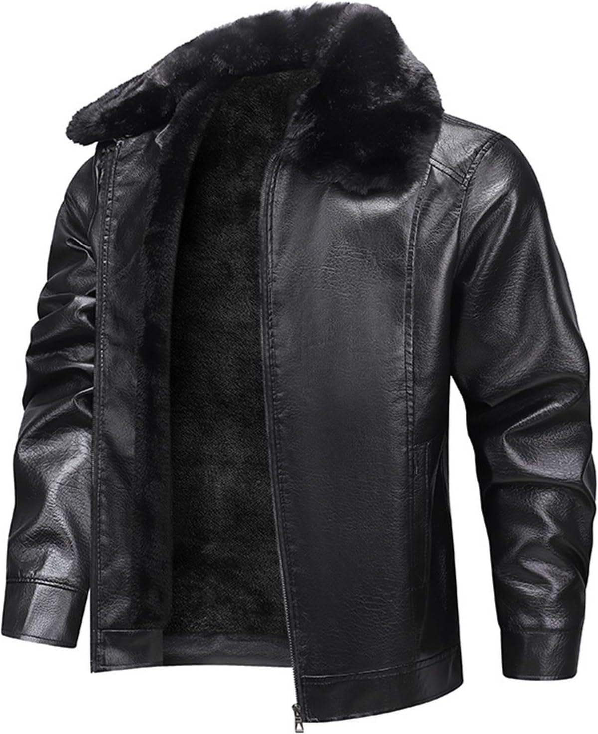 Men's Faux Fur Leather Jacket Autumn Winter Fleece Lined Coat Vintage Bomber Jackets Warm Motorcycle Biker Coats