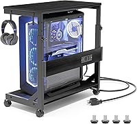 Vista 1 de Soporte de torre de computadora de altura ajustable con estación de carga y puerto de carga USB, carrito de 2 niveles ATX, soporte de PC móvil Negro