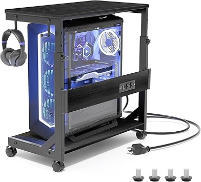 Height Adjustable Computer Tower Stand with Charge Station and USB Charging Port, 2-Tier ATX-Case Cart, Under Desk Mobile PC Stand, CPU Holder Cart with Locking Caster Wheels for Fits Most PC