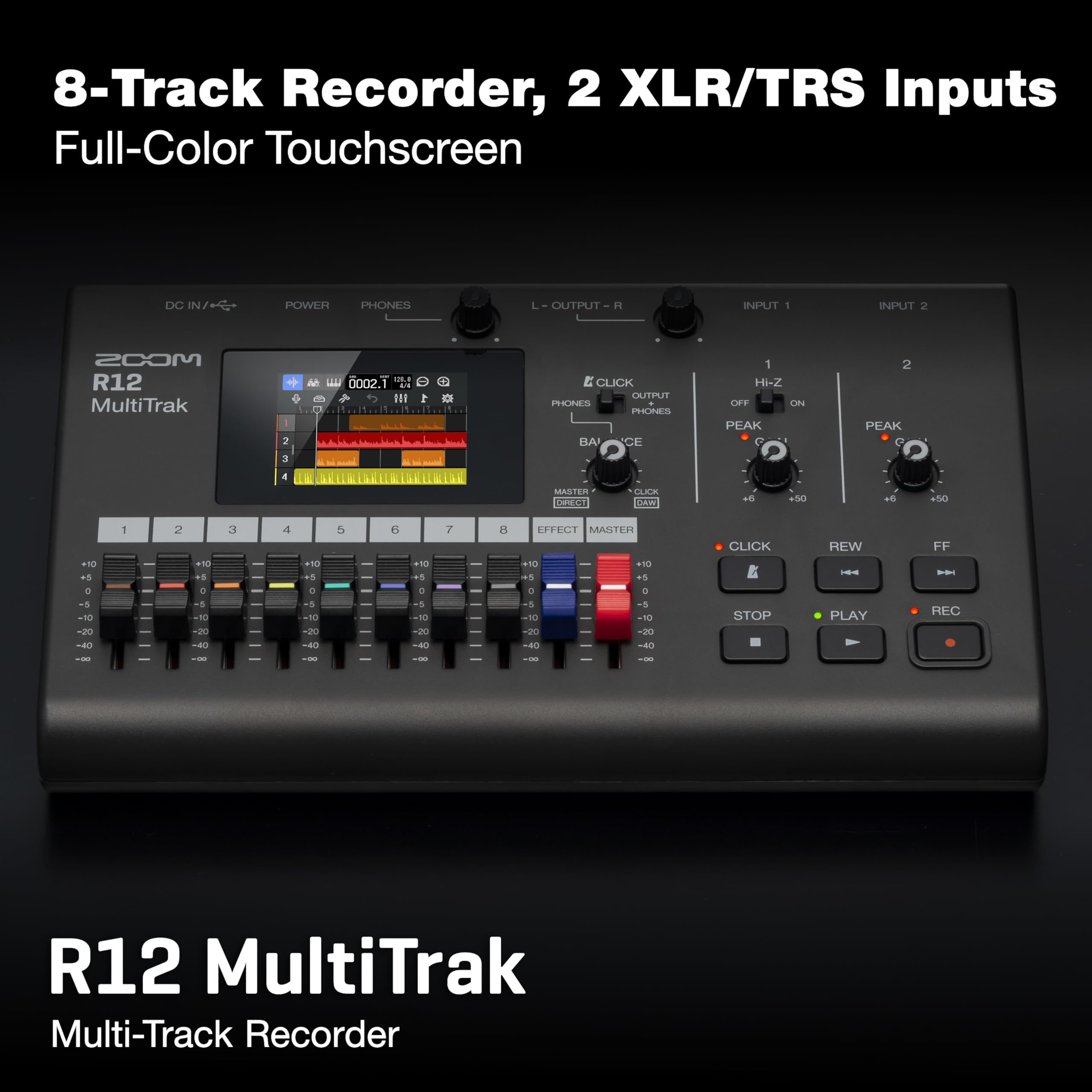 Zoom Enregistreur portable multi-pistes R12, avec écran tactile, édition intégrée, 8 pistes, 2 entrées combinées, effets, synthétiseur, boucles de batterie, alimentation par batterie et interface
