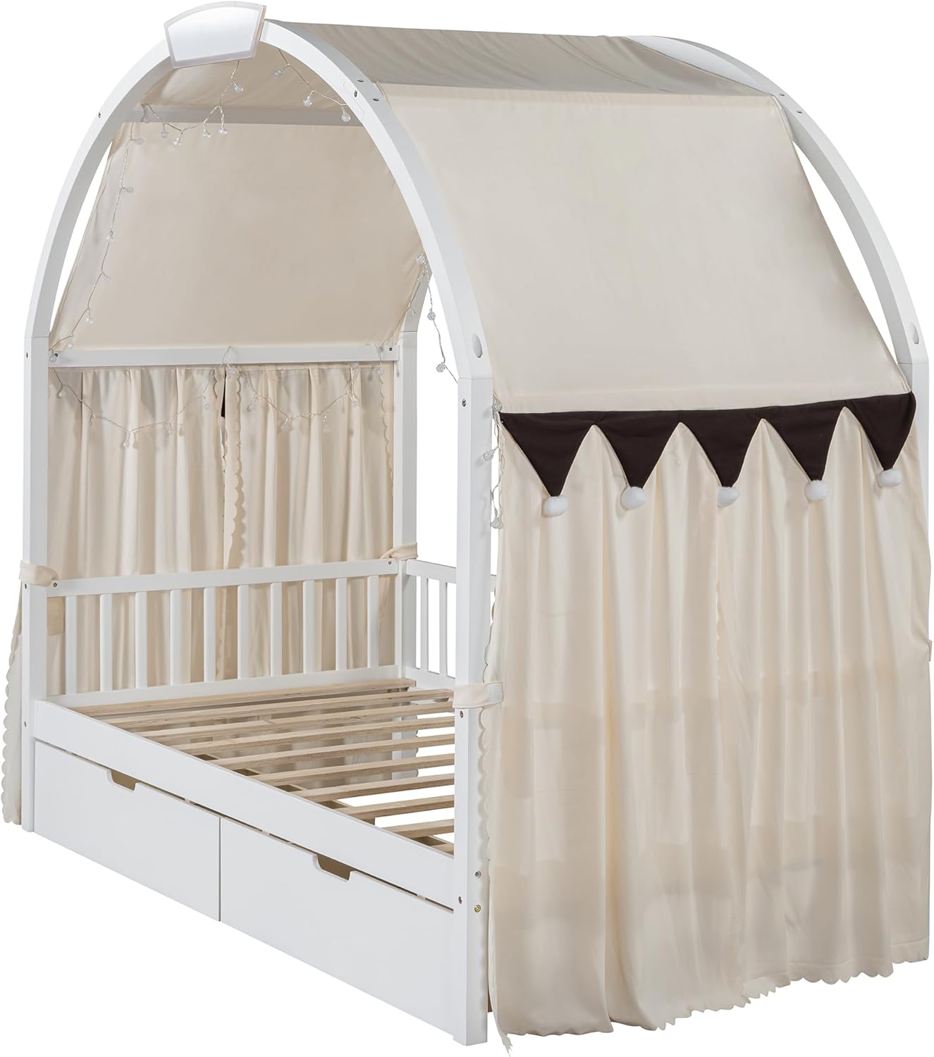 Anwick Twin Size House Bed with 2 Storage Drawers, Canopy Bed Frame with Lights Strip, Wood Montessori Floor Bed for Kids (White)