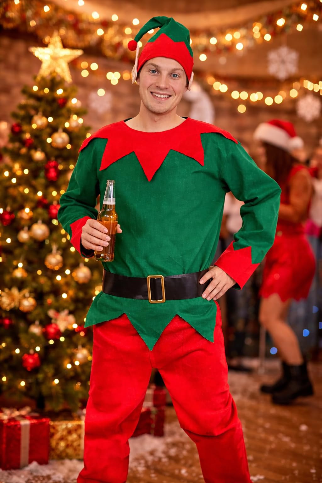 eBoutik, Novelty Adult Christmas Elf Costume Set, Green Top, Red Trousers, Hat with Ears, Belt, Deluxe Shoes - Image 3