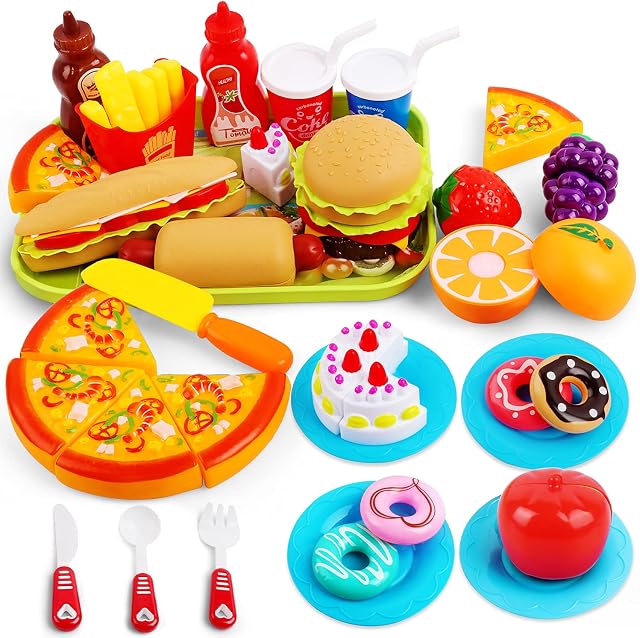 Hanmulee Pretend Play Food, 33PCS Cutting Toys with Pizza Hamburger Cake and Fruits Kitchen Play Set, Educational Role Play Toys for Kids Toddlers